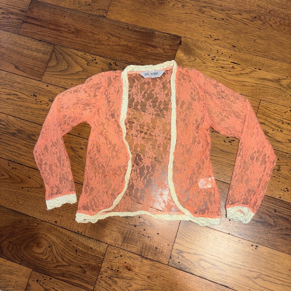 Vintage Jak Peppar Coral Lace Open-Front Girl’s Cardigan with Cream Trim Size 10